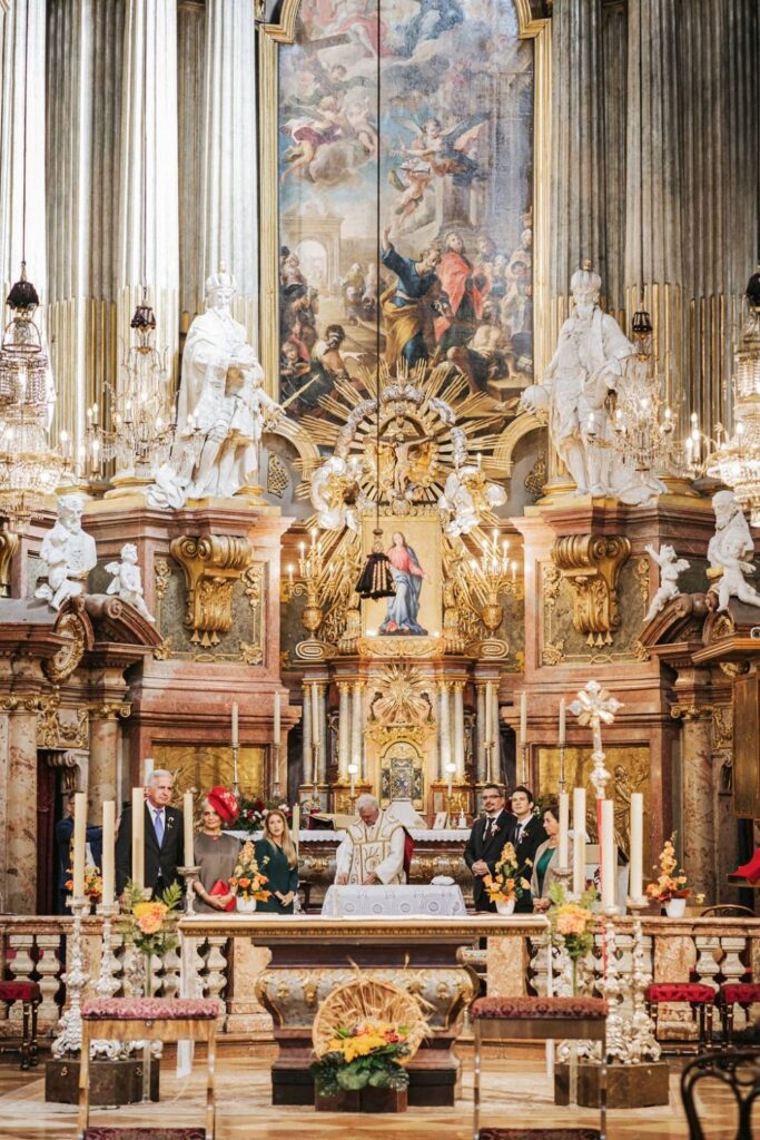 Peterskirche church ceremony during fall destination wedding in Vienna
