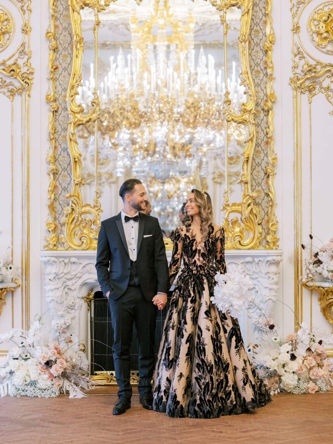 Destination wedding at Liechtenstein City Palace luxury wedding venue in Vienna Austria, themed Viennese Winter Ball